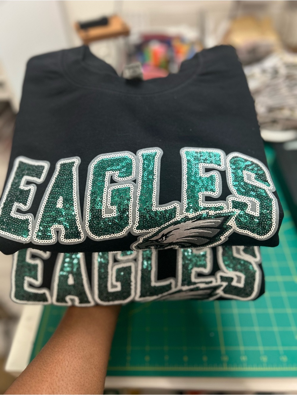 Gildan Medium Black Sweatshirt with Green Sequin 'EAGLES' Logo